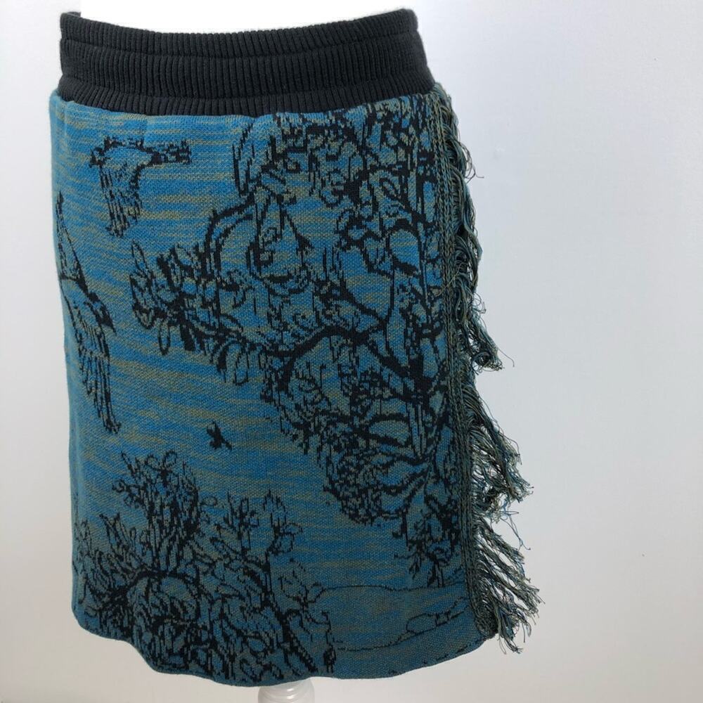 Unique Sweater Girl Novelty Print Fringe Skirt Size Medium with faux wrap Medium